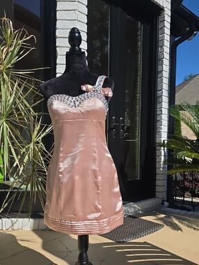 Blush Pink Satin One-Shoulder Mini Dress with Embellished Neckline